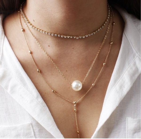 

pearl pendant crystal necklaces multi- layered gold tone chokers necklaces gift idea womens chokers necklaces, Golden;silver