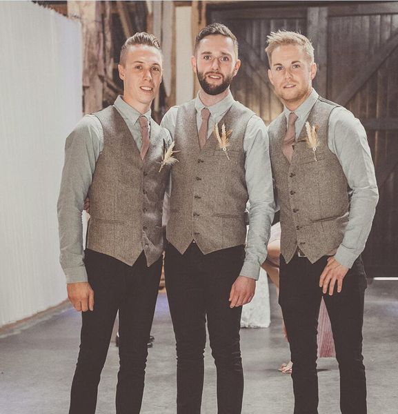 

2020 Rustic Жених Жилеты Tweed Жилет Шерстяной мужской костюм Жилеты Slim Fit мужское платье