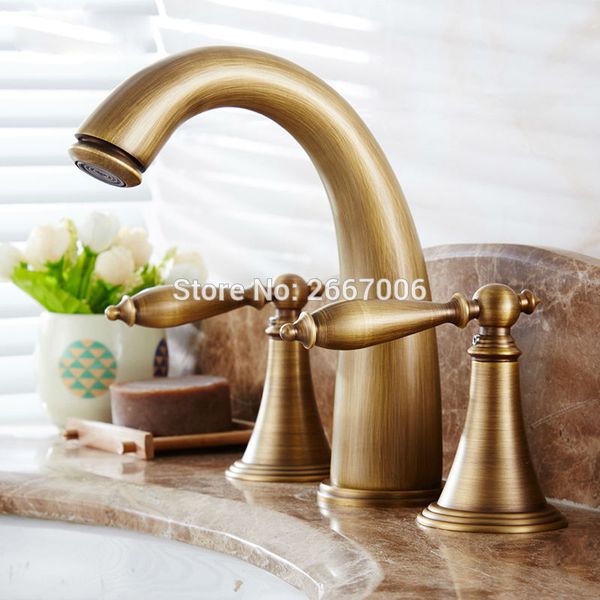 

christmas gift antique brass color bathroom basin faucet dual handles three holes deck mount water mixer tap gi135