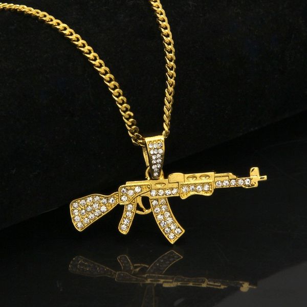 Gold Iced Out AK47 Anhänger Halskette für Herrenmode Hip Hop Schmuck Kubanische Gliederkette Halsketten