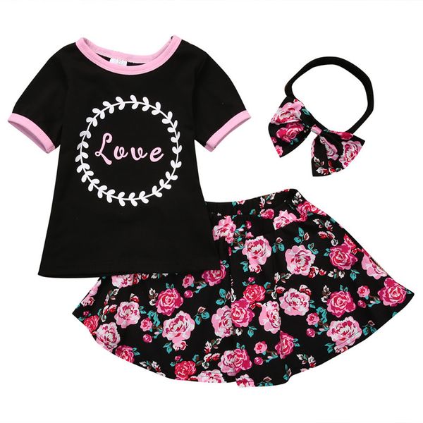 

Girls Three-piece Sets T-shirt Tops Floral Skirts Headband Hairband Cotton Love Letters Summer Kids Outfits 1-5T