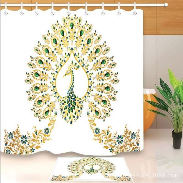 

3d polyester fabric fashion peacock print shower curtains with 12 hooks for bathroom decor modern bath waterproof curtain floor mats sets