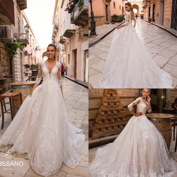 

lussano 2019 beach wedding dresses deep v neck a line sweep train lace bridal gowns appliques long sleeve boho wedding dress country style, White
