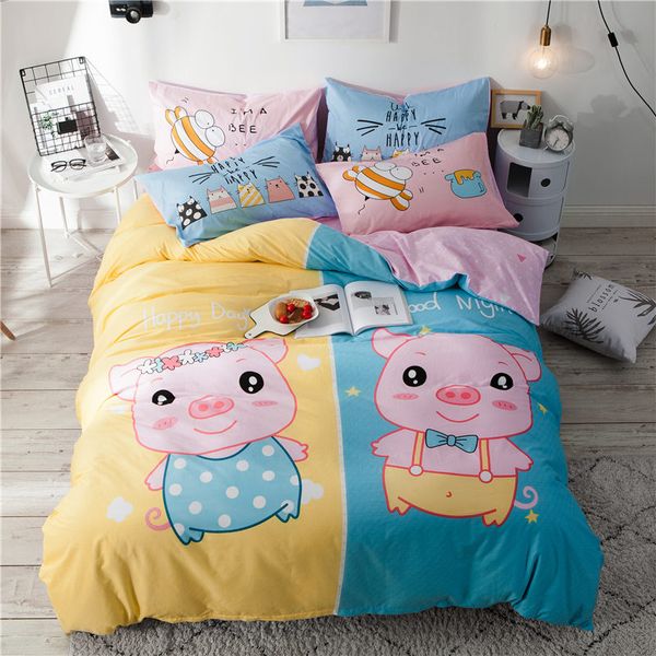 

2018 cartoon pig couple bed covers soft cotton duvet cover set 3/4pc twin  flat sheet fitted sheet bedlinens pillowcases