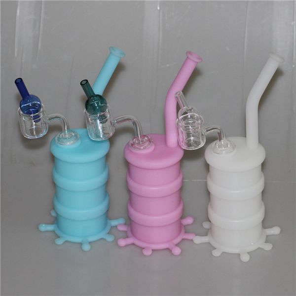 Mini silicone Dab Bong all'ingrosso Jar narghilè Olio di silicio Drum Rigs tubi di acqua in silicone gorgogliatore bong + tappo di carpa in vetro per unghie al quarzo