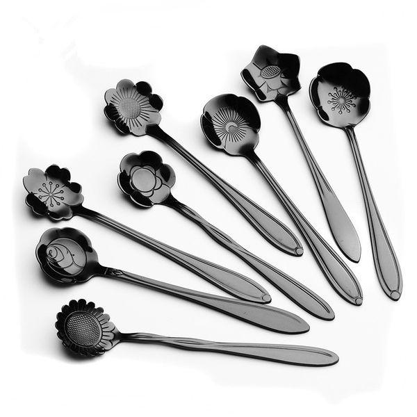 

elegant titanium plated black flower spoons, shiny flower shape black coffee spoons, flower design black spoons cafe