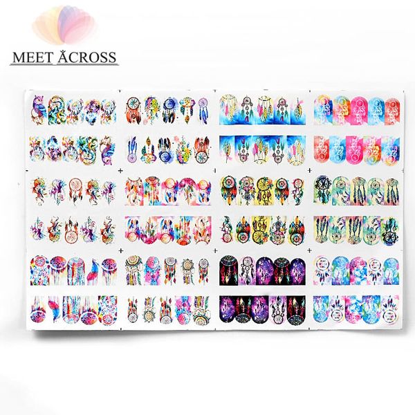 

meet across 1 sheet charming feathers dream catcher nail art water tattoo slider design manicure flowers water transfer decals, Black