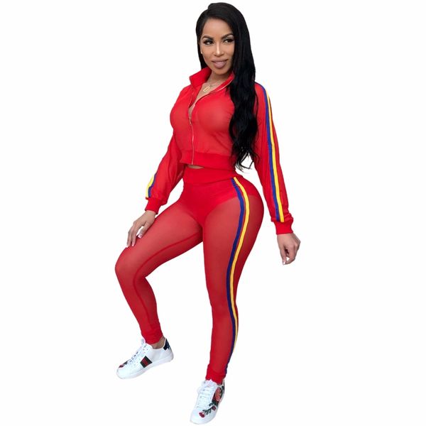 

echoine 2018 transparent mesh two piece set women's sets long sleeves and pants 2 pieces set fashion stripes tracksuit, Gray