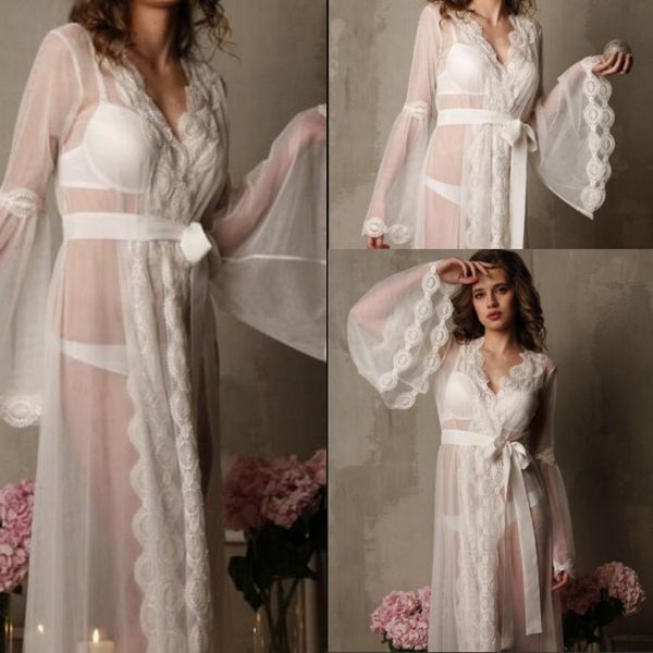 Discount Romantic Wedding Sleep Dresses With Long Sleeves Illusion Tulle Delicate Lace Applique Belt Floor Length Bridal Nightgowns Custom Made Kate