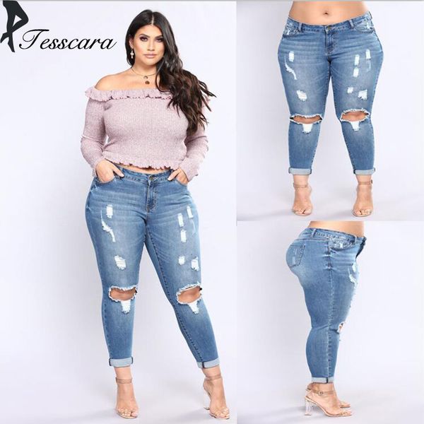 

woman autumn ripped jeans denim plus size 7xl pencil pants female 2018 new fashion hole scratched elasticity outwear jean, Blue
