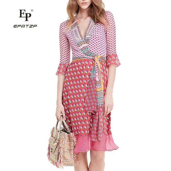 

efatzp new fashion 2018 designer pink floral print patchwork half sleeve women silk wrap dress with belt, Black;gray