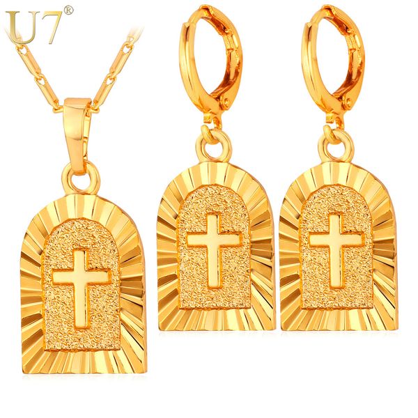 

u7 fashion necklace earrings sets women gold/silver color cross religious jewelry sets for women s711