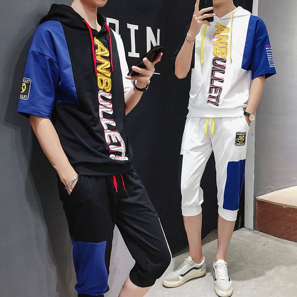 

loldeal men's sportswear sets fashion 2 piece sets tracksuit casual men's printed hooded t-shirt+cropped pants suits, Gray