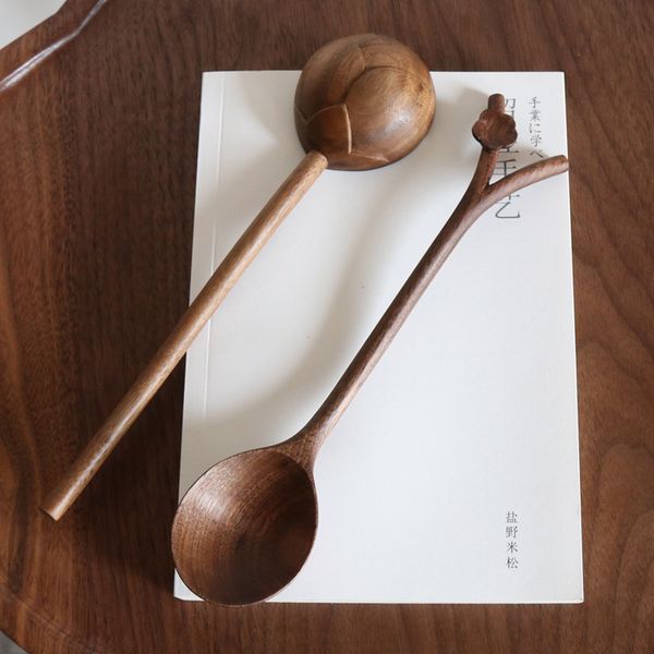 

handmade wooden spoon black walnut plum blossom long handle for /dessert tableware kicthen accessories beeswax painting