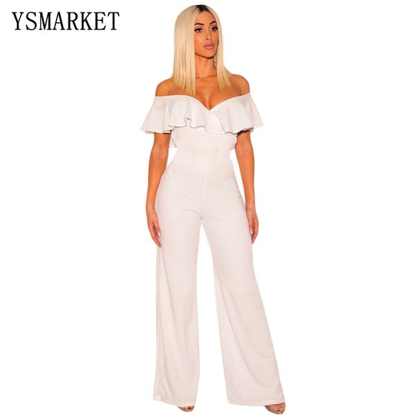 

off shoulder split wide leg rompers women slim waist party overalls new ruffles strapless white black jumpsut e64399, Black;white