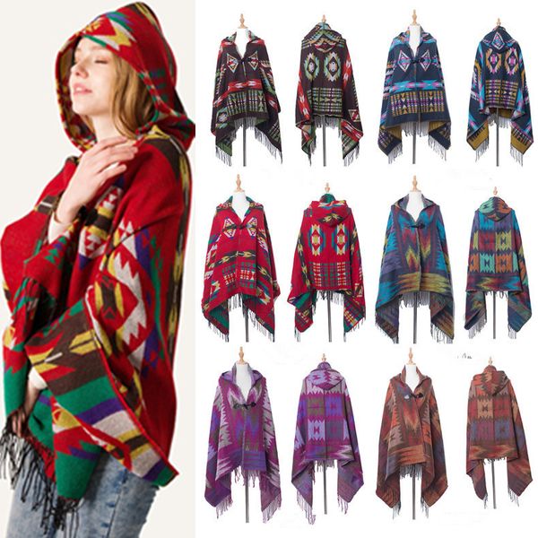 

retro bohemian geometric shawl scarf poncho tribal fringed coat hoodies jacket striped cardigans blankets cape shawl with tassel jle135, Red;brown