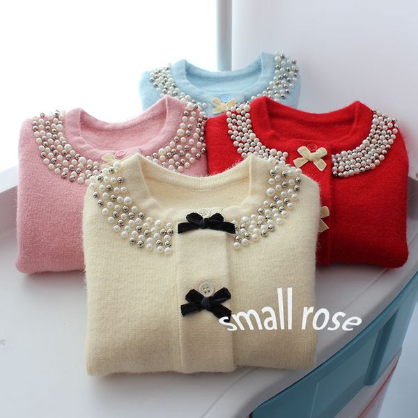 

autumn girls sweater winter girls cardigan woolen christmas children sweater jacket knied bow pearl clothes outerwear, Blue