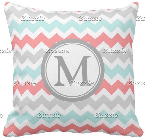 Aqua Coral Grey Chevron Monogram Decorative Pillow Furniture