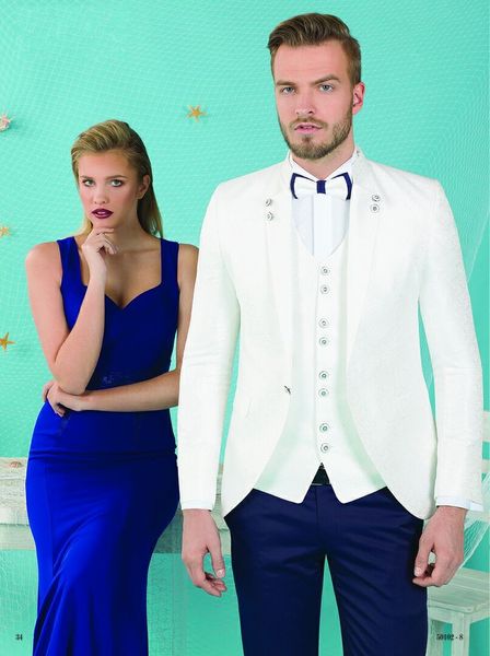 Moda Mandolino Risvolto Smoking dello sposo bianco Uomini eccellenti Smoking da sposa Groomsman Uomo Formale Busines Prom Party Suit (Jacket + Pants + Tie + Vest)