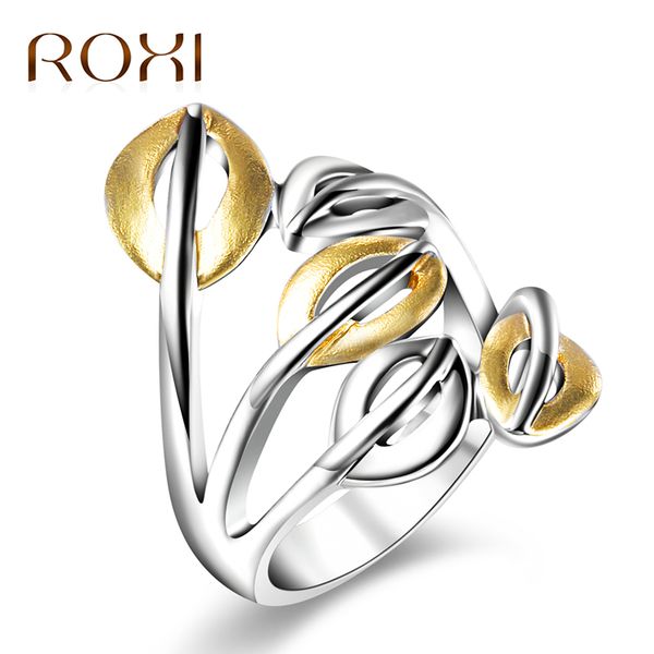 

весь saleroxi серебряный / золотой цвет коктейль широкие кольца для женщин двойные цвета листьев выдалбливают кольца ювелирные изделия bague, Golden;silver
