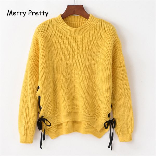 

merry pretty chic fashion women pullovers side lace up o-neck knitted sweaters back long casual loose yellow jumper mf28, White;black