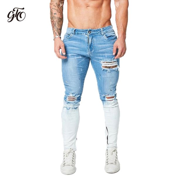 

gingtto skinny jeans for men zipper design fashion ankle tight faded blue print stretch skinny tight super spray on repaire zm54