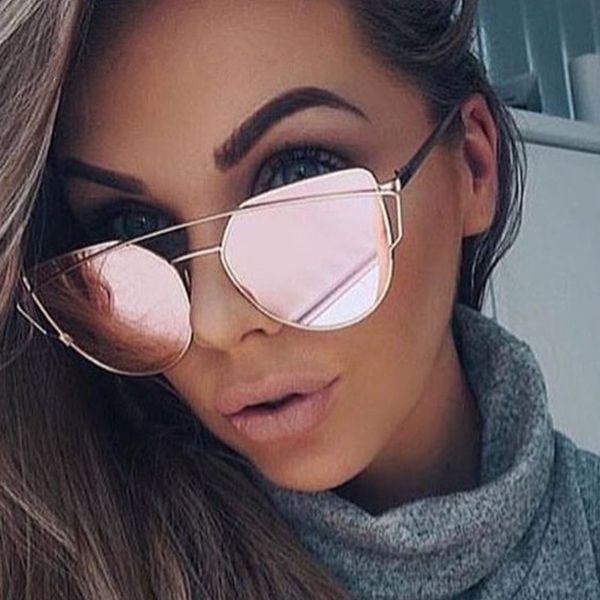 

luxury cat eye sunglasses women brand designer flat twin-beams coating retro female sun glasses for women lady sunglass mirror, White;black