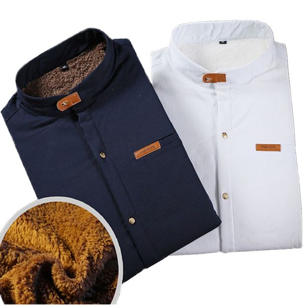 

men's 2018 new winter stand collar casual solid color fleece corduroy wool warm shirt fashion male long sleeve shirts blouses, White;black