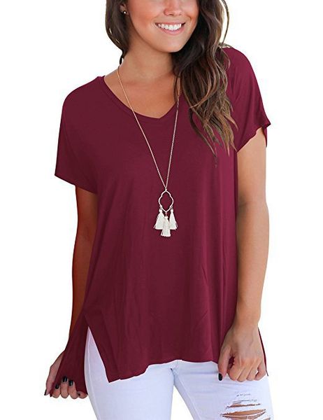

women's clothing wholesale short sleeve t-shirt v-neck loose high low tee shirts, White