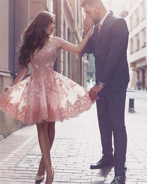 

Said Mhamad Pink 2018 Off Shoulder Lace Short Cocktail Dresses Applique A Line Backless Knee Length Short Party Evening Dresses Custom Made