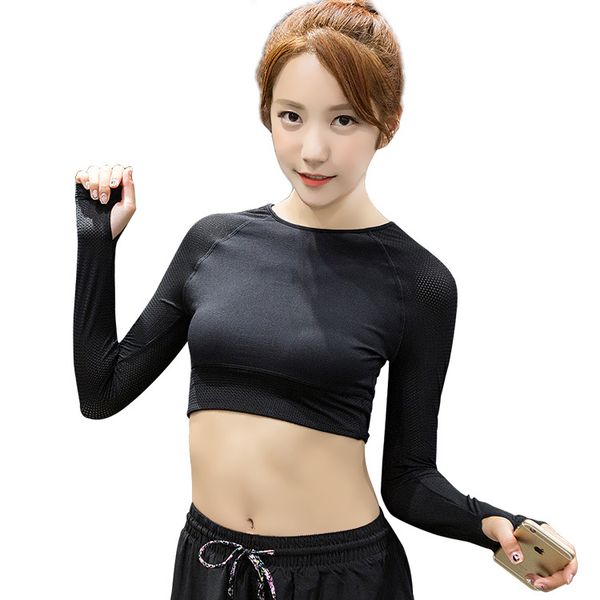 

yoga t-shirt long sleeve shirts gym clothing women sport jerseys fitness running tights black crop female, White;red