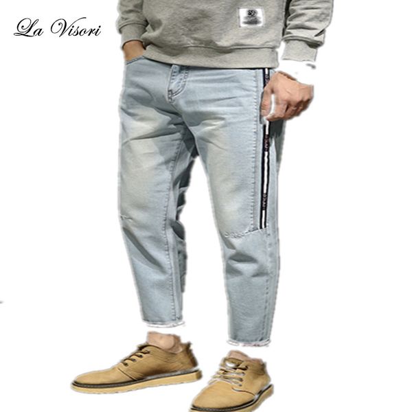 

summer mens jeans cowboy slim bound feet ankle-length pants vintage acid washed faded multi-pockets biker short jeans plus size, Blue