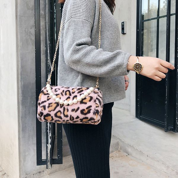 

designer mini pearl women handbag women leopard crossbody bag chain plush bucket bag shoulder messenger dinner clutch 2018