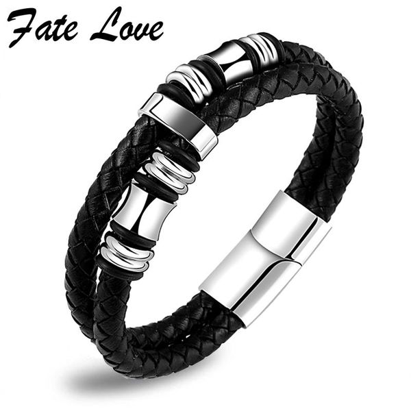 

double layer leather bracelet men jewelry stainless steel magnet clasp 2018 mens bracelets jewellery handmade pulseras hombre, Golden;silver