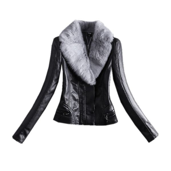 

2018 new women large size pu leather short plus velvet thick real fur collar pu washed jacket women casual coat 12871, Black