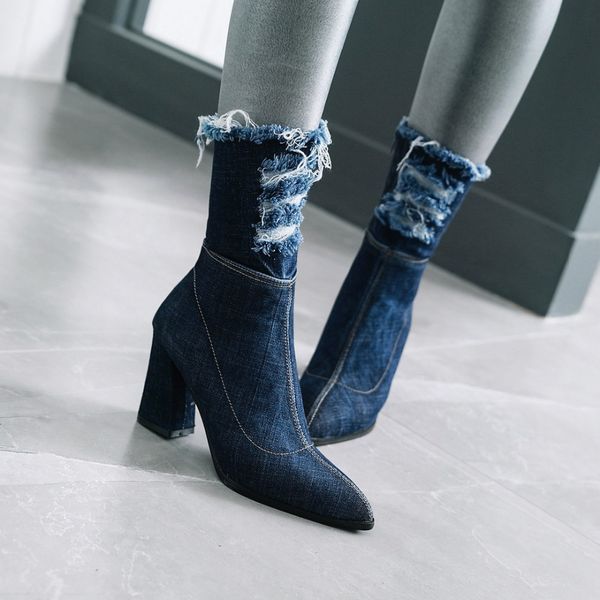

women boots woman winter shoes size 34-43 mid calf high square heels pointed toe zipper hole denim upper 2018 new design sb112, Black