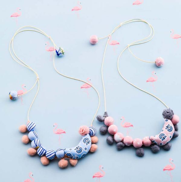 

cartoon children handmade necklace fabrics string of beads pompon moon kids all-match necklace cute gauze ball jewelry c3556, Red;brown