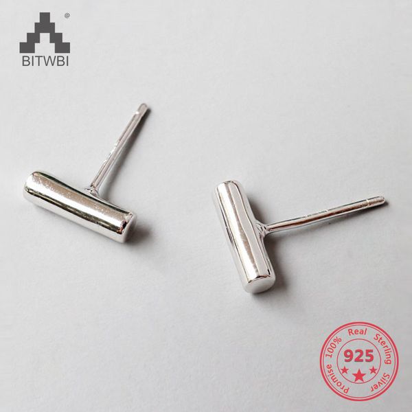 

simple t bar 925 sterling silver studs punk square column cylinder bar stud ear hiphop jewelry, Golden;silver