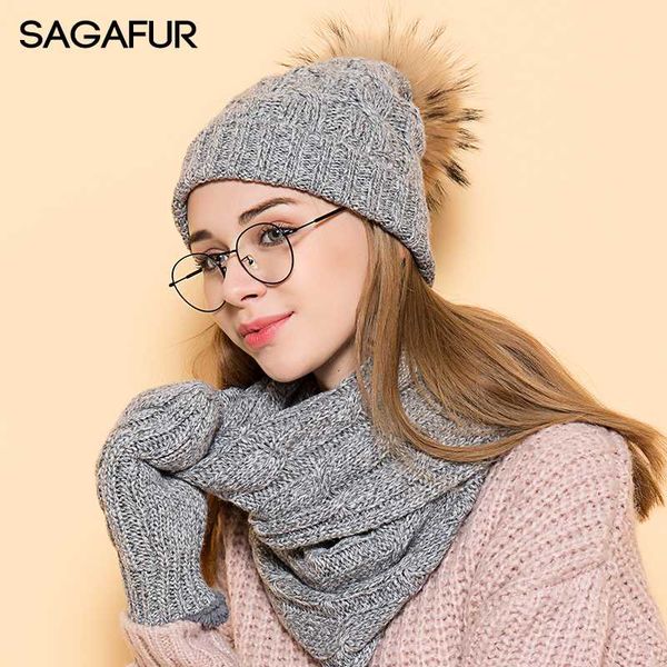 

sagafur wool scarf hat glove sets striped women 2017 fashion fur pompom winter knitted women's hats beanies #tz004, Blue;gray