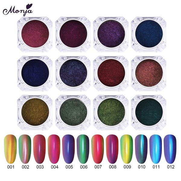 

monja 12 colors nail art holographic chameleon laser glitter holo rainbow mirror effect powder dust pigment decorations, Silver;gold