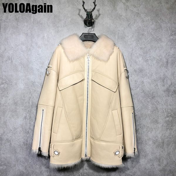 

yoloagain women shearling leather jacket ladies leather wool coat, Black
