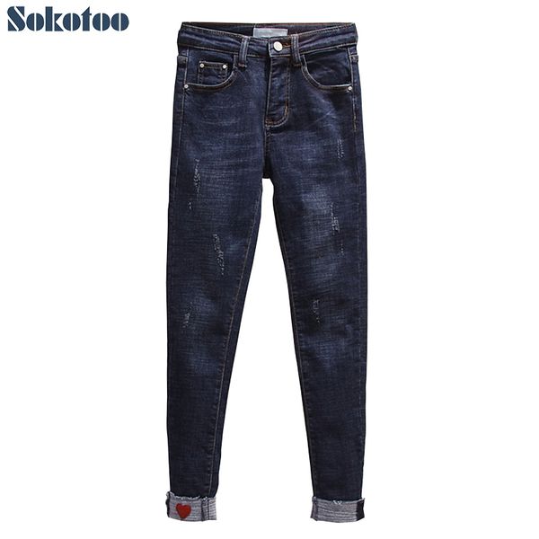 

sokotoo women's red heart patch skinny pencil jeans plus big size high waist released hem dark blue denim pants