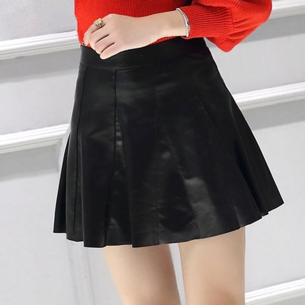 

new high waist leather pleated skirt, Black