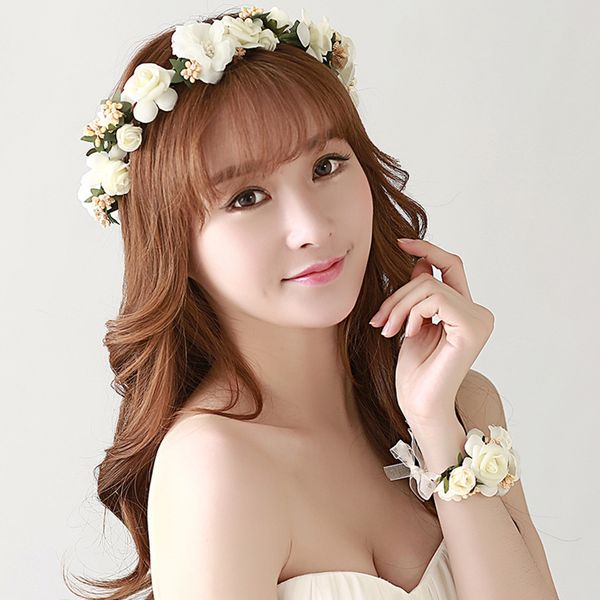 

sale 2pcs/set women girls flower hair hoop bracelet wedding bride fashion headwear holiday wreath