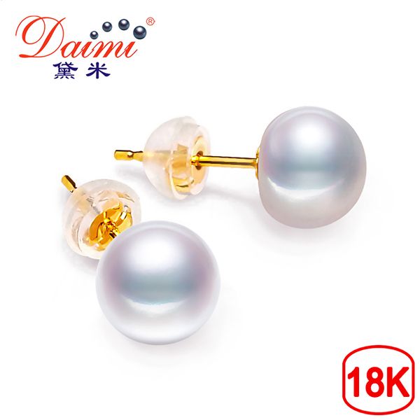 

daimi 18k pearl earring high luster white freshwater pearl studs earrings half round 8-9mm brand jewelry for women, Golden;silver