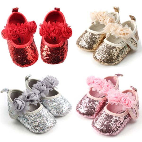 

2018 new fashion sequin newborn infant baby girls lovely sequins tulle flowers crib shoes prewalker anti-slip for 0-18 months