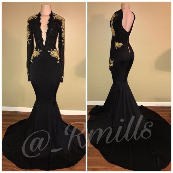 

2k18 black mermaid prom party dresses 2018 gold appliques deep v-neck long sleeves evening dress celebrity wear