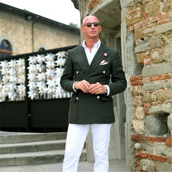 

new fashion green men suits with white pant 2pieces(jacket+pant+tie) latest design terno masculino groom custom made blazer, White;black
