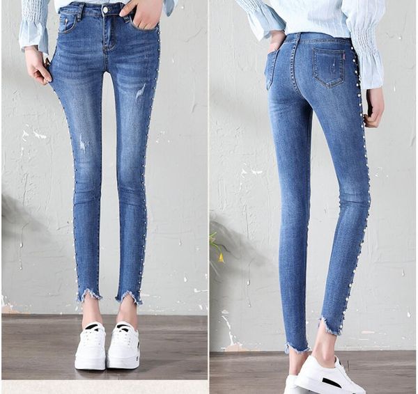 

2018 style female jeans elastic pearl student high waist korean version of tight-fitting pants women, Blue