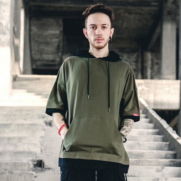 

Panelled Hooded T-shirts High Street Hip Hop Fashion Loose Male Tops Summer Autumn Mens Clothing T-shirts